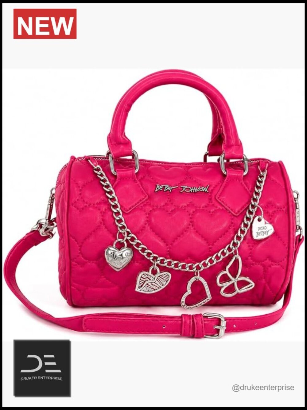 Medium Barrel Satchel Crossbody Bag with Quilted Hearts & Charm Chain